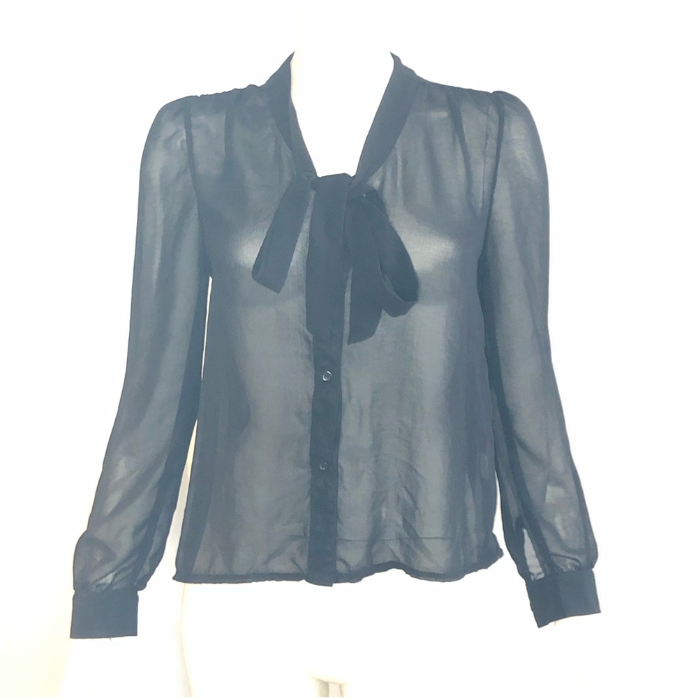 Woman’s black button up sheer tie up blouse size medium